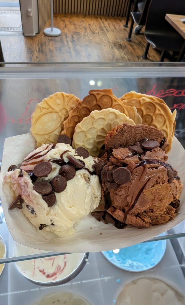 Ice nachos with homemade pizzelles, chocolate chips and two flavors of choice